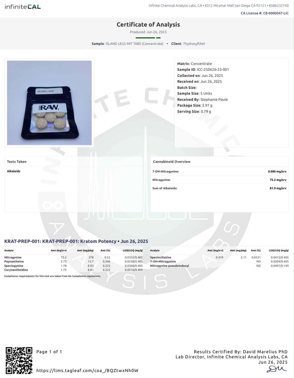 ISLAND LEGS 🍍🦵 MIT TABS - TOTAL ALKS 99.9MG (80.6MG MIT) - NO 7-OH