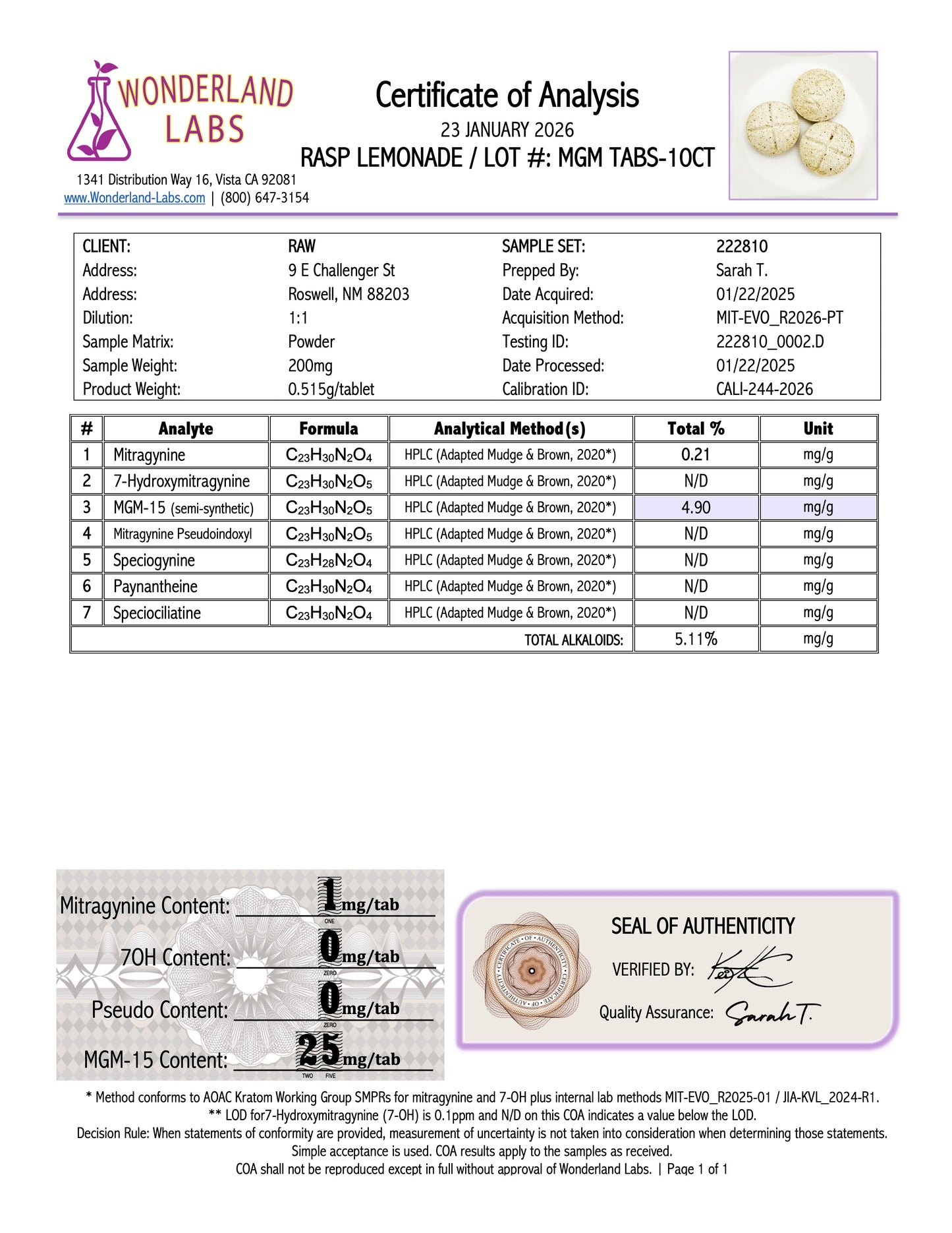 RASPBERRY LEMONADE - 20MG MGM-15 TABS - (NO 7-OH)