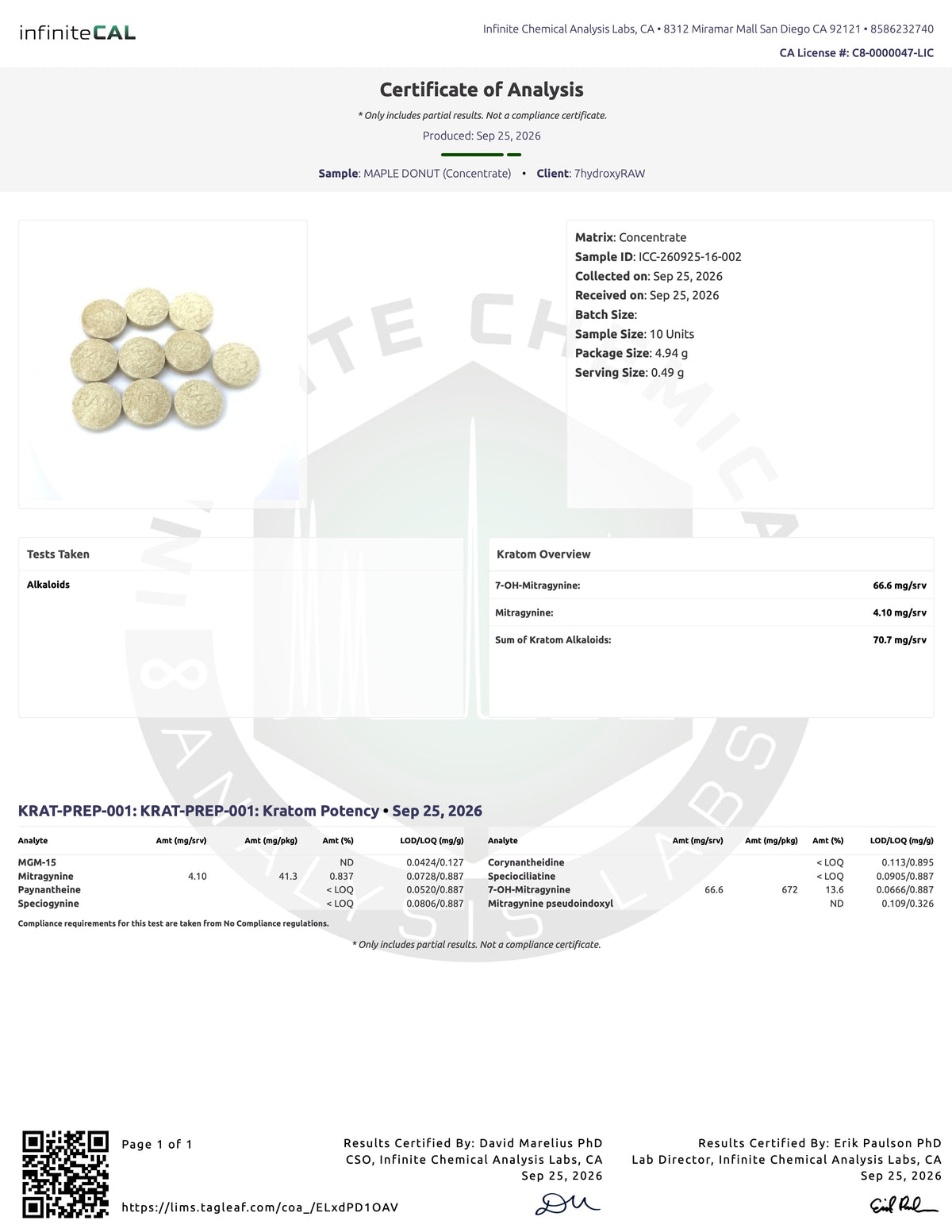 MAPLE DONUT (DYE-FREE) | BATCH TESTED: 70.7MG TOTAL ALKS (66.6MG 7-OH) | BOTTLE LABEL: 60MG