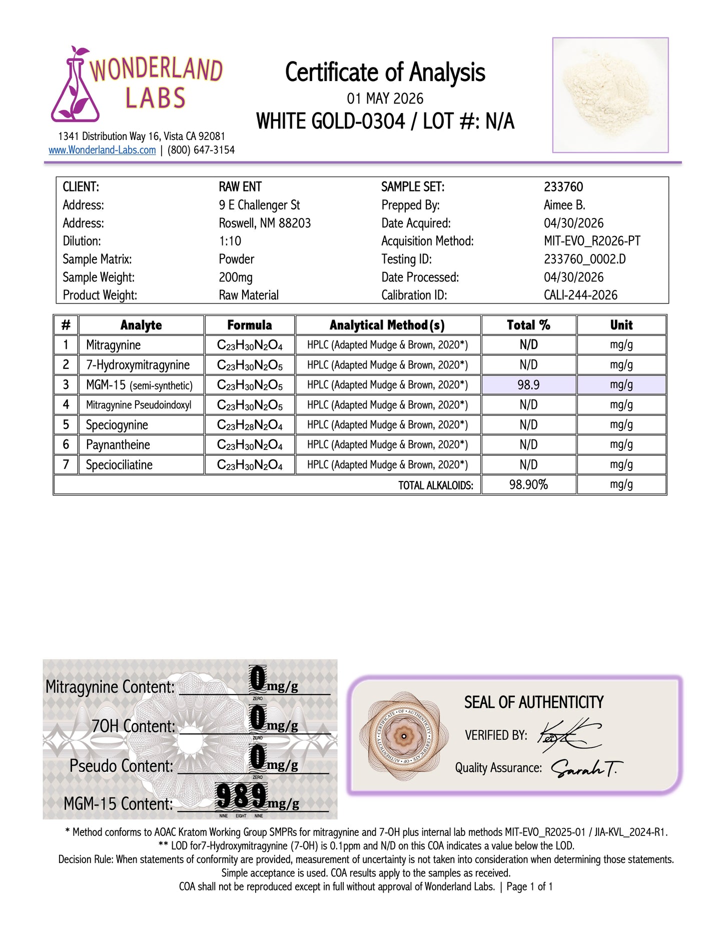 MGM - WHITE GOLD - 99.8% (NO 7-OH)