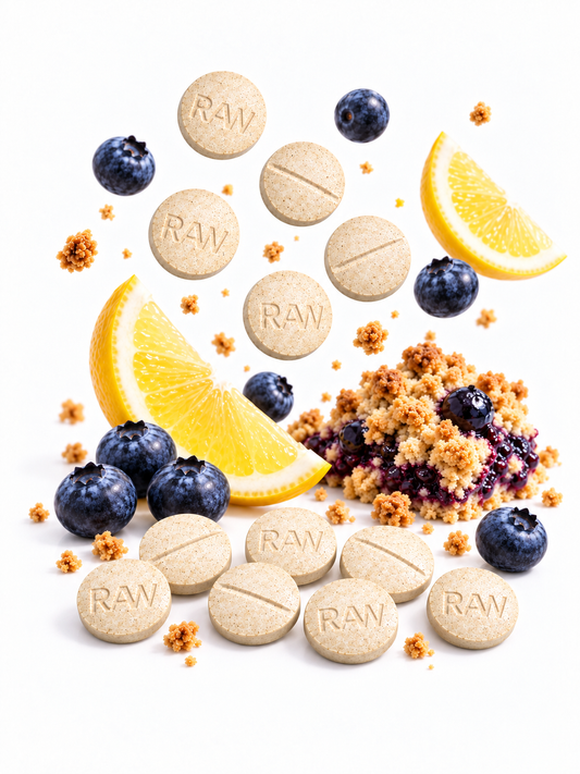 LEMON BLUEBERRY CRUMBLE (DYE-FREE) | BATCH TESTED: 25.5MG TOTAL ALKS (24.1MG 7-OH) | BOTTLE LABEL: 20MG
