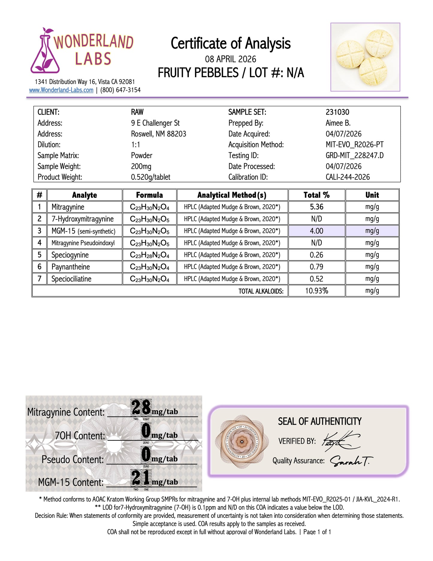 FRUITY PEBBLES MGM/MIT - TOTAL ALKS 51.2MG (17.5MG MGM/27.4MG MIT)