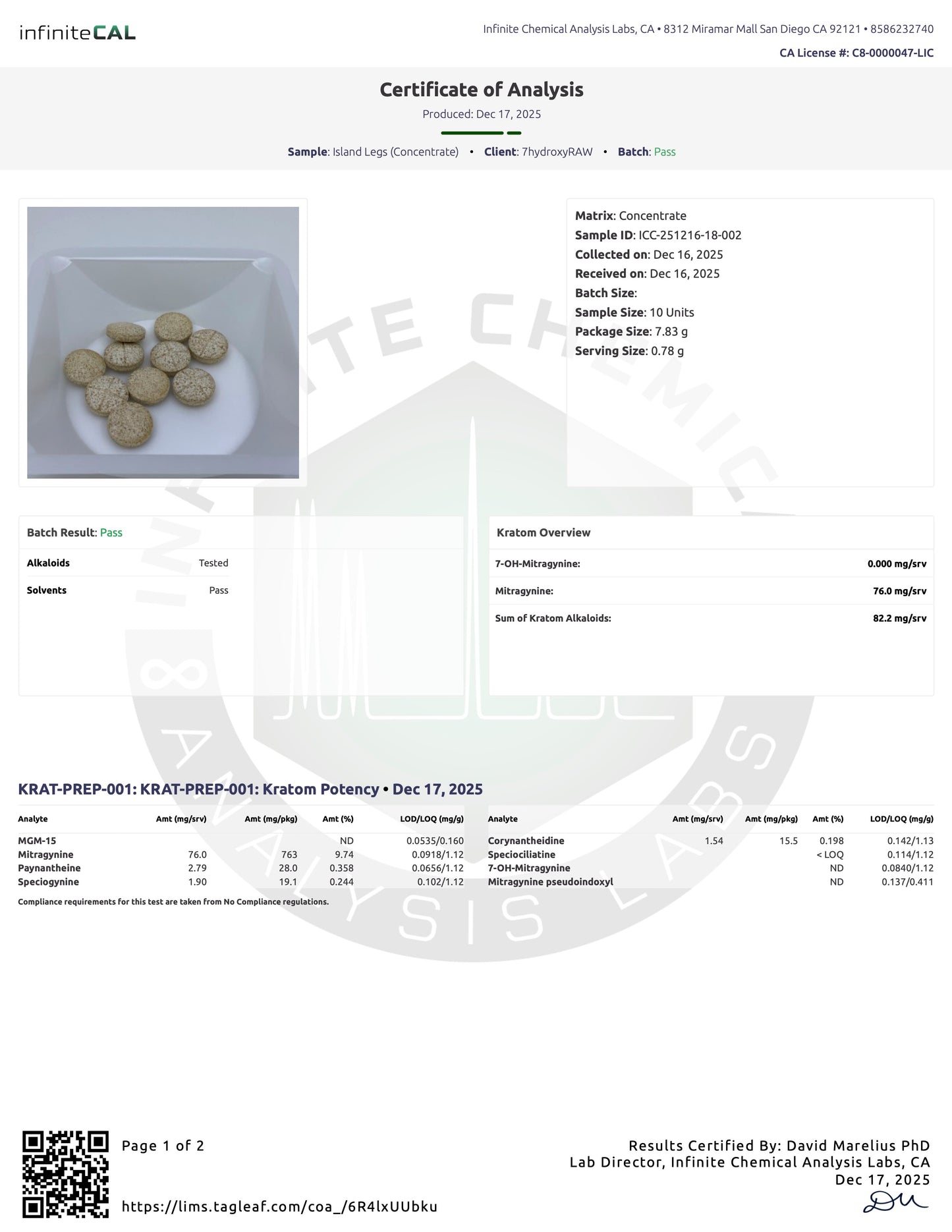 ISLAND LEGS 🍍🦵 MIT TABS - TOTAL ALKS 99.9MG (80.6MG MIT) - NO 7-OH