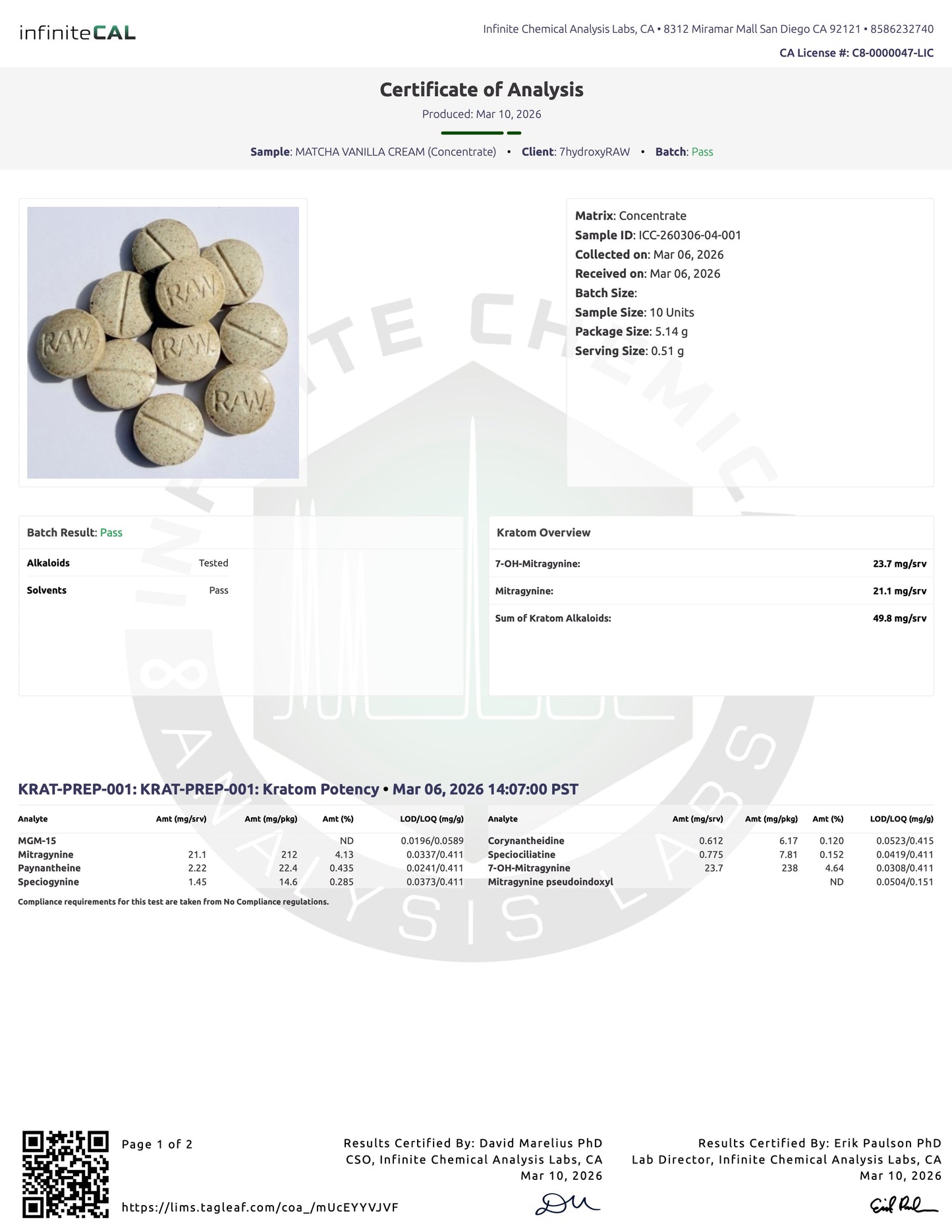 MATCHA VANILLA CREAM -  TOTAL ALKS 49.8MG (23.7MG 7-OH/21.1MG MIT)