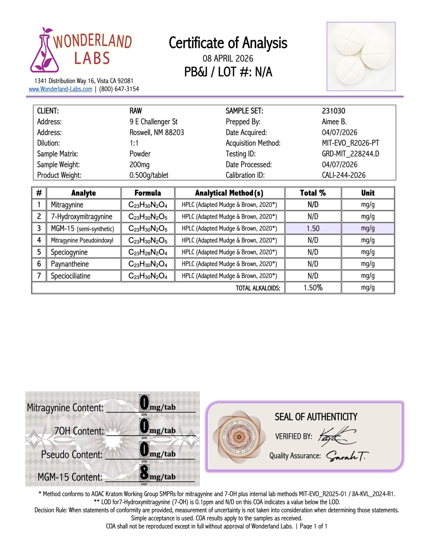 PEANUT BUTTER JELLY - 6.19MG MGM-15 - (NO 7-OH)