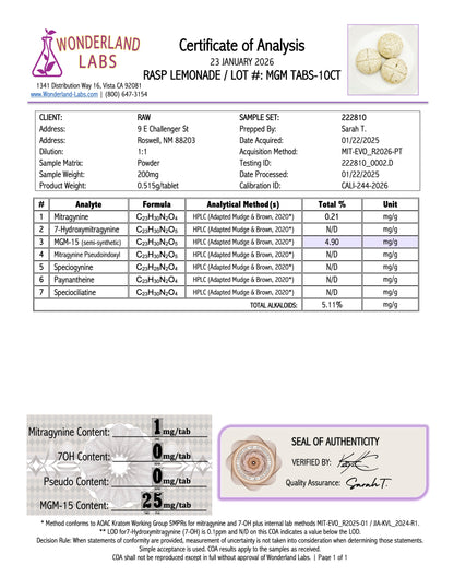 RASPBERRY LEMONADE - 20MG MGM-15 TABS - (NO 7-OH)
