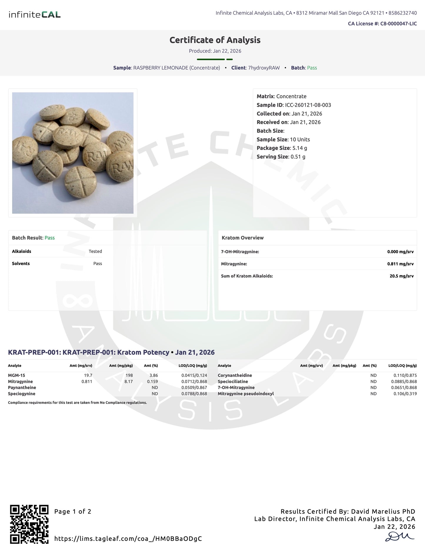 RASPBERRY LEMONADE - 20MG MGM-15 TABS - (NO 7-OH)