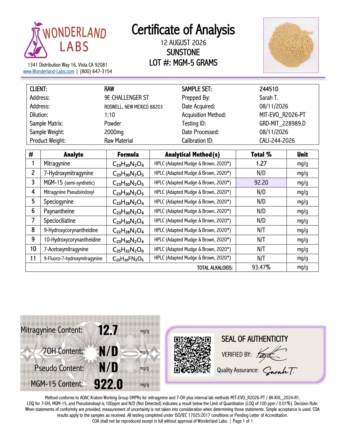 SUNSTONE - MGM - TOTAL ALKS 93.47% (92.2% MGM)