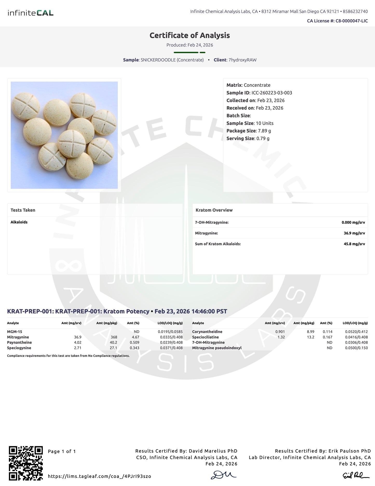 SNICKERDOODLE MIT TABS - TOTAL ALKS 45.8MG (36.9MG MIT) - NO 7-OH