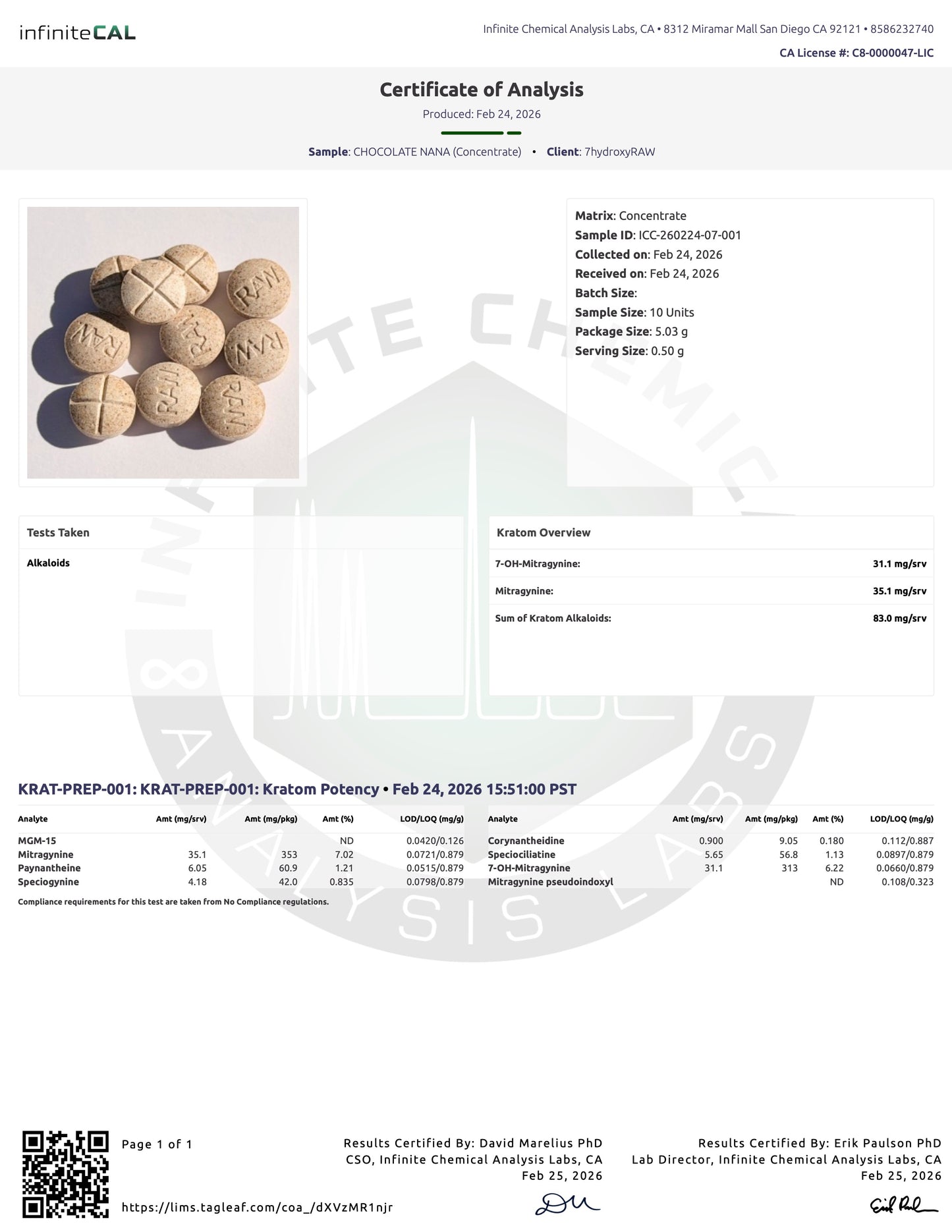 CHOCOLATE NANA - TOTAL ALKS 83MG (31.1MG 7-OH/35.1 MIT)