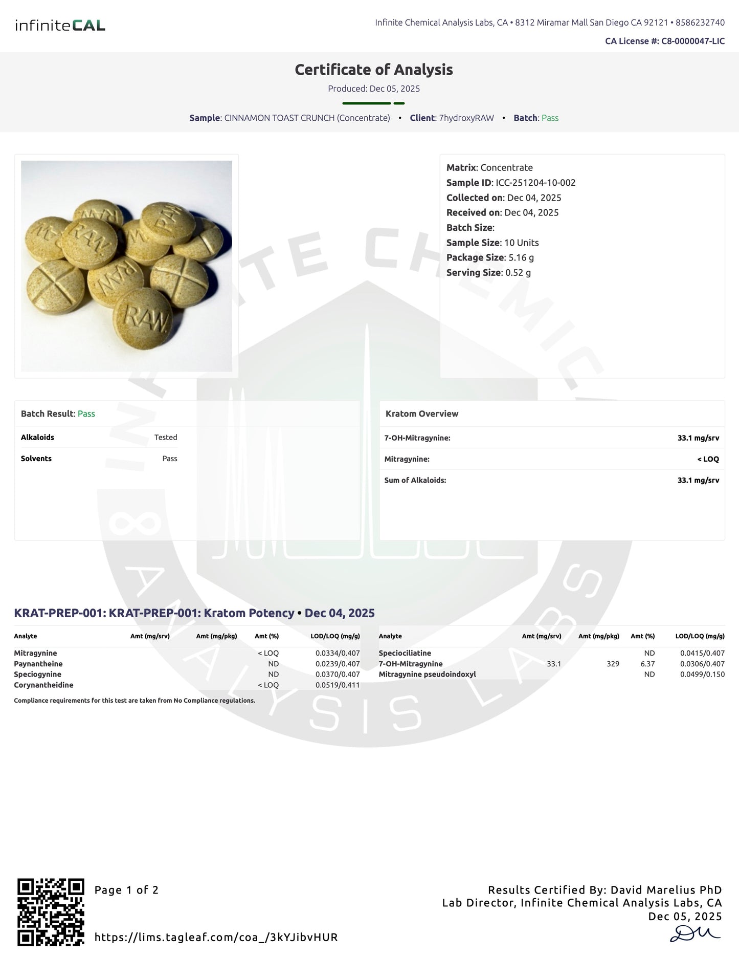 CINNAMON TOAST CRUNCH 30MG (DYE-FREE) - TOTAL ALKS 33.1MG (33.1MG 7-OH)