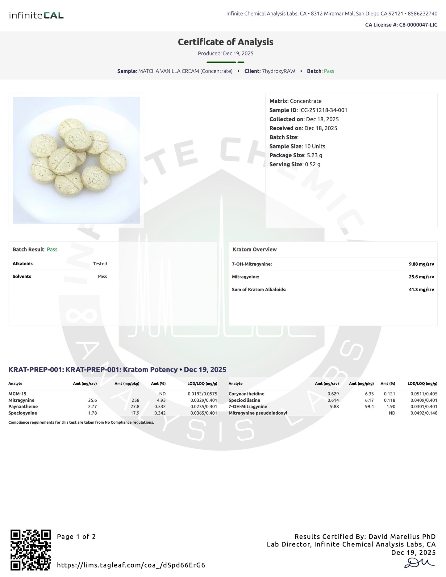 MATCHA VANILLA CREAM -  TOTAL ALKS 49.8MG (23.7MG 7-OH/21.1MG MIT)