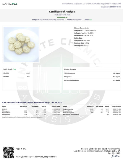 MATCHA VANILLA CREAM -  TOTAL ALKS 49.8MG (23.7MG 7-OH/21.1MG MIT)