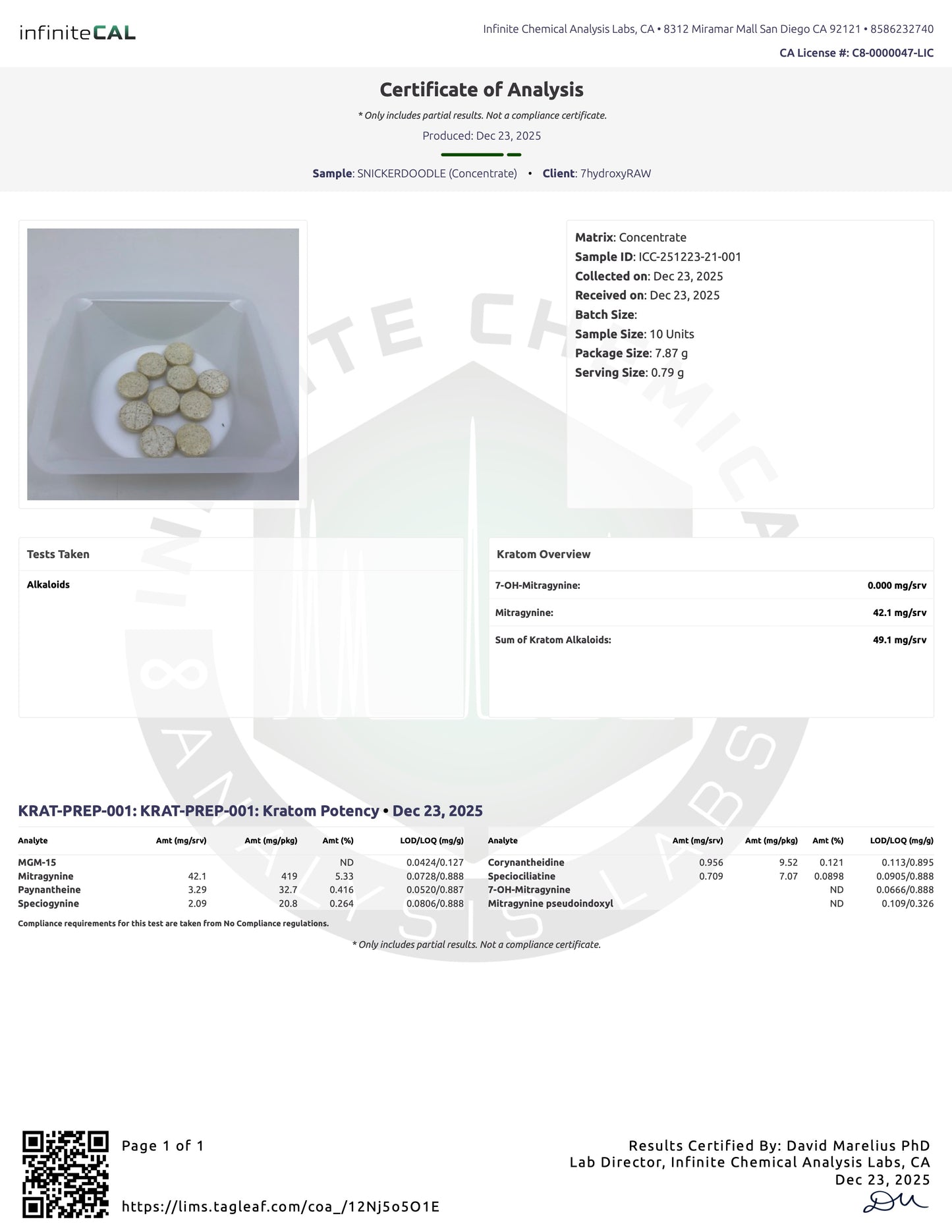SNICKERDOODLE 40MG MIT TABS - TOTAL ALKS 49.1MG - NO 7-OH (42.1MG MIT)