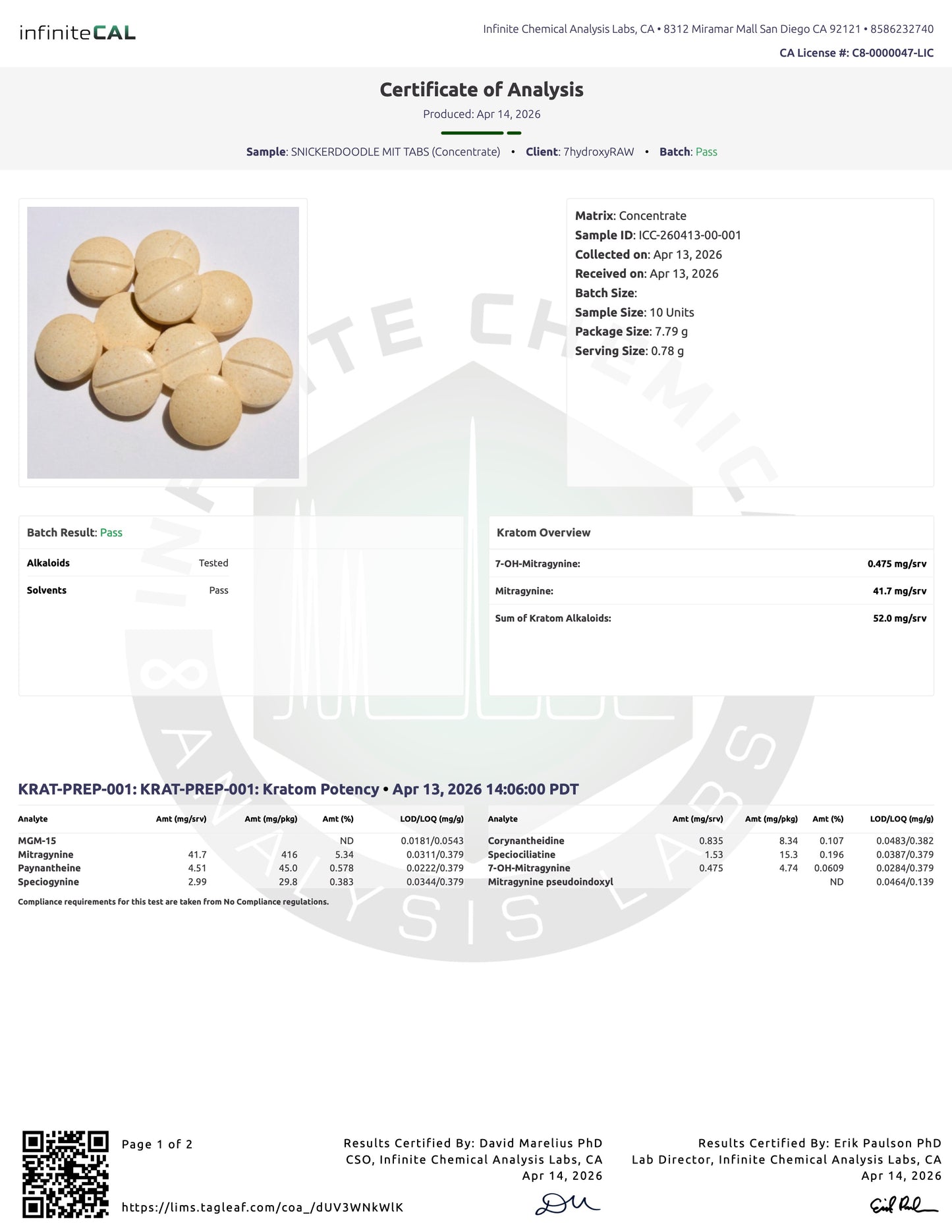 SNICKERDOODLE MIT TABS - TOTAL ALKS 52MG (41.7MG MIT) - NO 7-OH